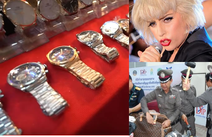 Fake goods in Thailand. Thai police crackdown. Lady Gaga buys a fake Rolex in Bangkok
