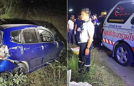 motorbike-car-accident-thailand-children-died-scene-thai-police-motorbikes-nakhon-si-thammarat