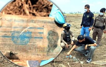 Police in Bangkok’s Lat Krabang work to identify remains found with a United Nations driver’s licence