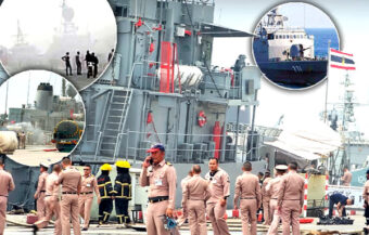 Shell from cannon fired from one naval frigate into another as they docked at Sattahip Naval base on Thursday