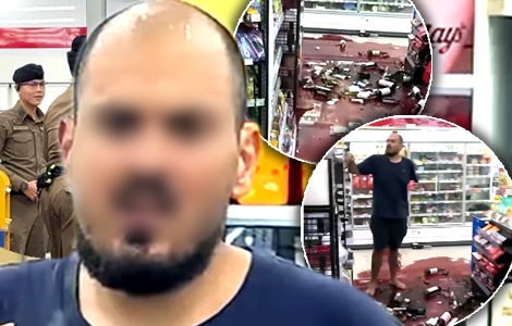 Mad Mustafa from Belgium created chaos at a Pattaya 7/11 on Tuesday morning destroying bottles of wine