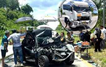 Sleep-deprived trailer truck ploughed into stationery passenger car at traffic lights. Driver was asleep