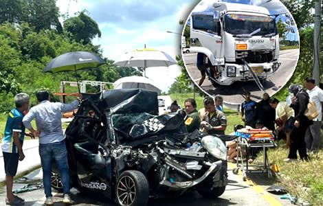 Sleep deprived trailer truck ploughed into stationery passenger car at traffic lights. Driver was asleep