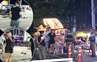 Low life foreign tourist gets deserved comeuppance from small traders at a Pattaya late night bar Monday
