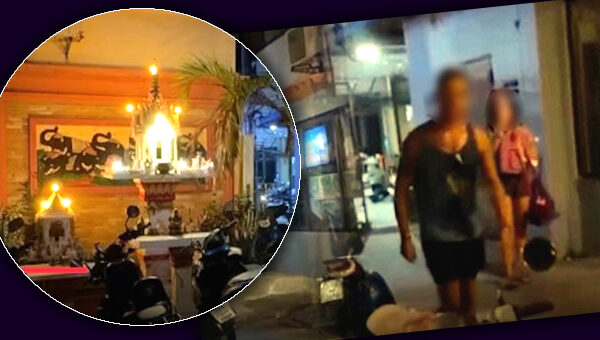 Randy foreign tourist hosed down by Cambodian hotel employee having sex under a spirit house on grounds