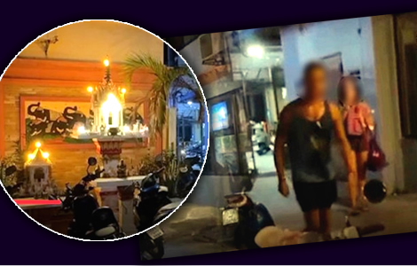 Randy foreign tourist hosed down by Cambodian hotel employee having sex under a spirit house on grounds