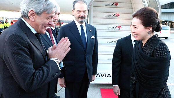 Thailand’s Queen Suthida lands in Italy for a visit in her role as an ambassador for women’s ice hockey