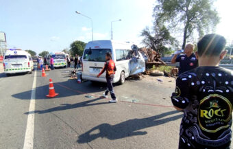 Three die in crash between public health van and Highway Patrol truck in Nakhon Sawan. Five injured