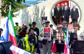 Iranian protesters at US embassy in Bangkok oppose Pakistan talks. Want to see the hated regime ousted