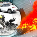 Motorbike suddenly erupts into flames in Pattaya. Lucky rider jumped off just seconds before it exploded