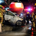 Another electric car goes up in flames in Samut Prakan on Sunday night. Sparks and a loud blast then fire