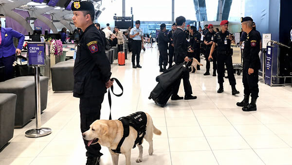 K9 dog teams deployed at Bangkok’s Suvarnabhumi Airport on Tuesday to tighten outbound screening