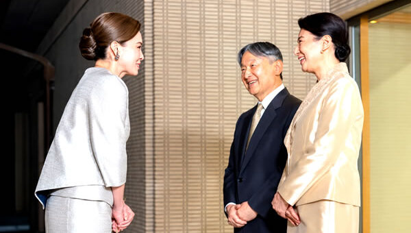 Queen Suthida meets the Emperor and Empress of Japan on a visit promoting women’s ice hockey