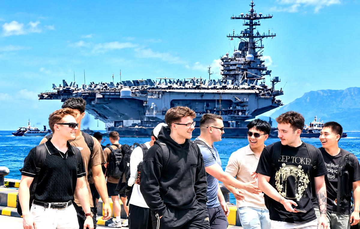 USS George HW Bush arrives in Phuket one day early and berths 3.3km offshore. Sailors landing ashore